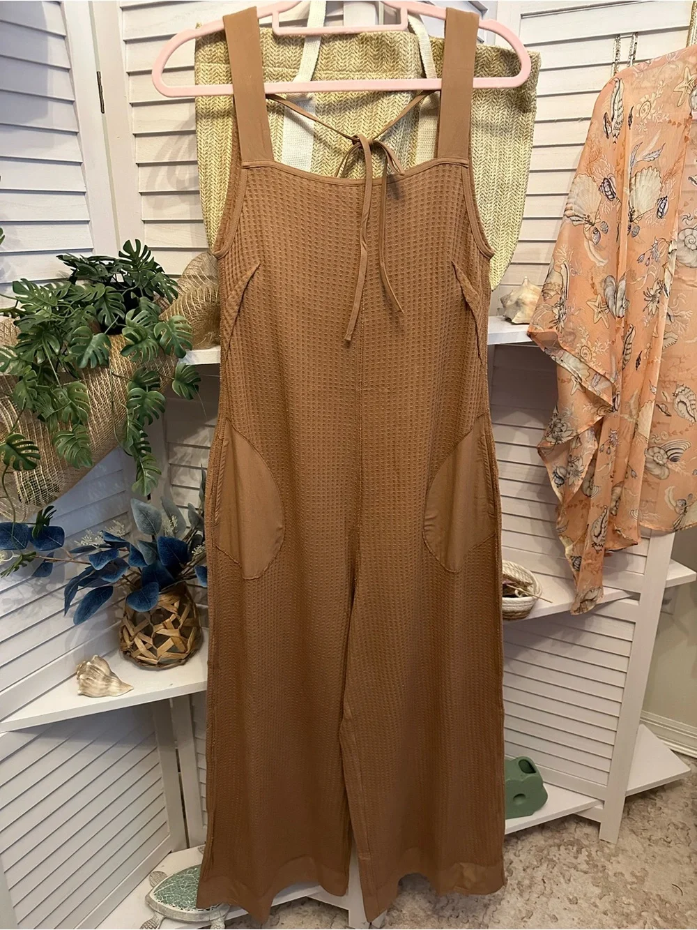 Zenana Outfitters Deep Camel Waffle Jumpsuit Romper - Picture 2 of 4